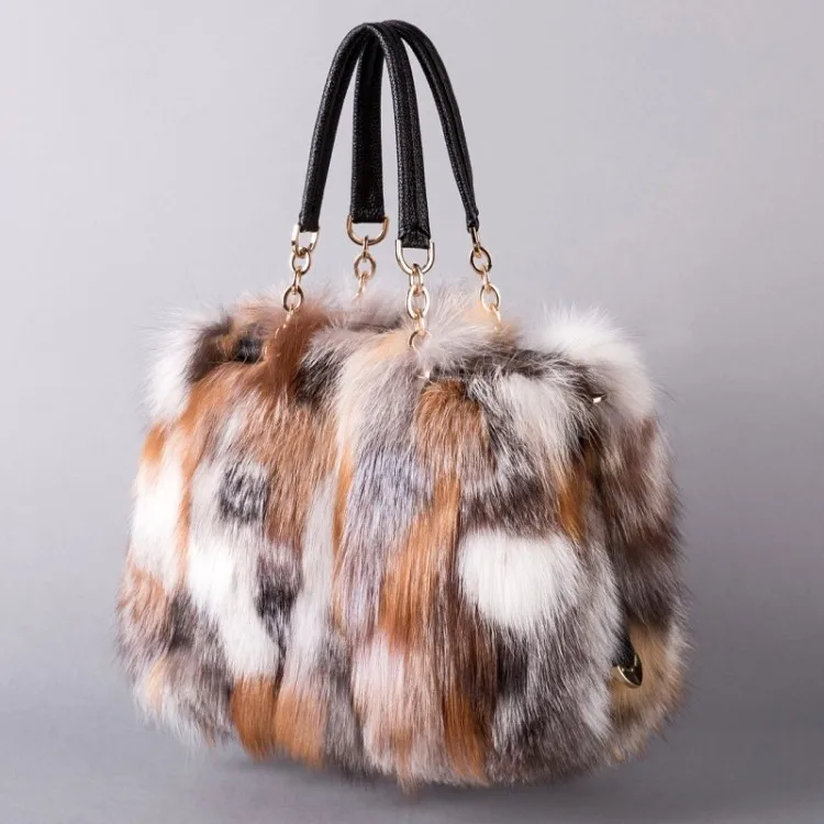 New Brand Girls Women Fashion Handbags Real Fur women Tote Bags Large Capacity Fox fur Chian Shoulder BagsTravel Bags 302