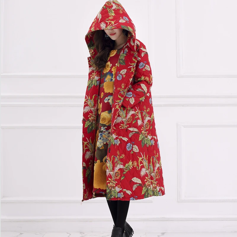 National Wind Printing Women Winter Cotton Padded Jacket Thick Cotton Hooded Parka Coat Windbreaker Ethnic Chinese