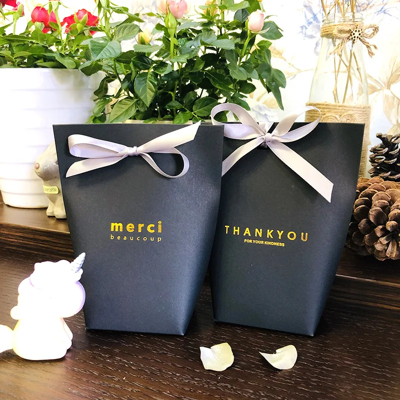 5/20/50pcs White Kraft Black Bronzing French Merci Thank You Wedding Party Christmas Favor Gift Candy Box Paper Bag With Ribbon