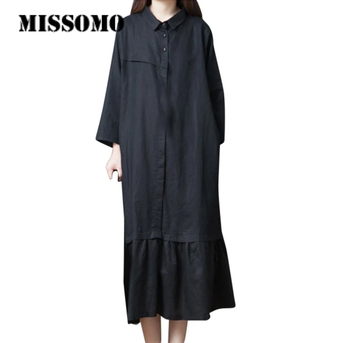 

MISSOMO Women summer maxi Long Dress Linen dress Girl Pure Color Linen Long Sleeve Shirt Dress ruffles casual Dress vestido