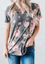 

Casual Women T-Shirt Floral Print Short Sleeves V-Neck Female Top Tees Summer Fashion Ladies T-Shirt