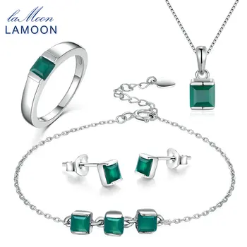 

LAMOON 4mm 0.6x2 ct Natural Green Chalcedony 925 Sterling Silver Simple Jewelry Set S925 For Women V008-1