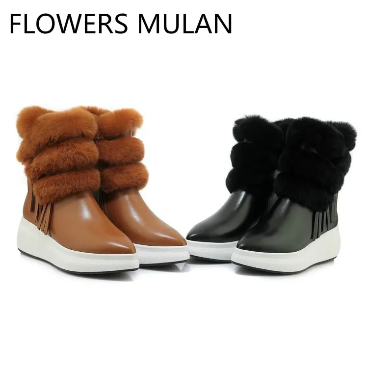 Seite Schnalle Braun Stiefel Winter Damen orange Gummi Frauen Schwarz Zapatos Schwarzes Luxus Leder Quaste Mujer Spitz Mittlere Ferse Booties Pelz 5EwqwY6