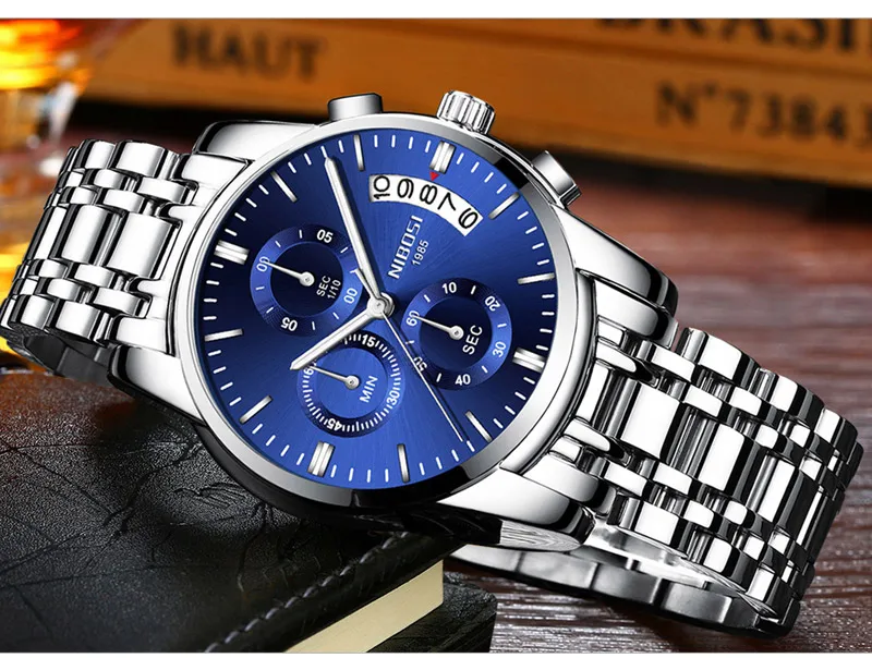 NIBOSI Mens Watches Top Brand Luxury Premium Luxury Fashion Luminous Waterproof Watch High-end Calfskin Pure Steel Strap Blue (15)