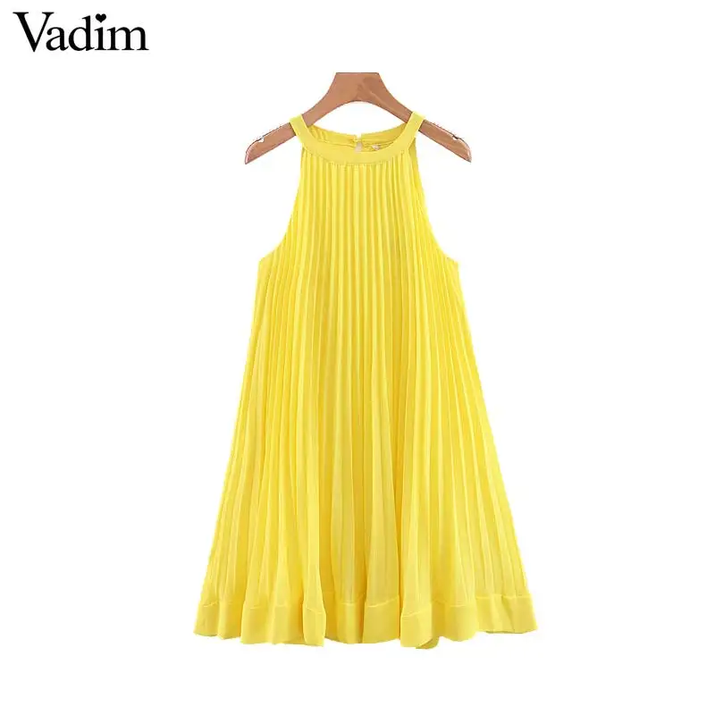 

Vadim women yellow chiffon mini shift dress halter sleeveless cute straight female stylish pleated dresses vestidos QB567