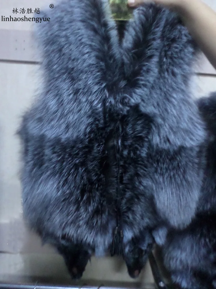 Linhaoshengyue-Long Real Fox Fur Vest for Women, Short Silver Fox Fur Vest, 55cm linhaoshengyue 90cm long real natural fox fur vest blue green black and gray real fur fox fur coat women natural fur coats