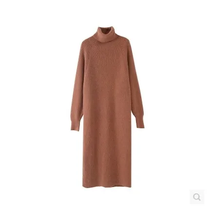 Осенне-зимнее Новое шикарное женское длинное платье-свитер с высоким воротником, женские тонкие однотонные вязаные свитера, модные повседневные