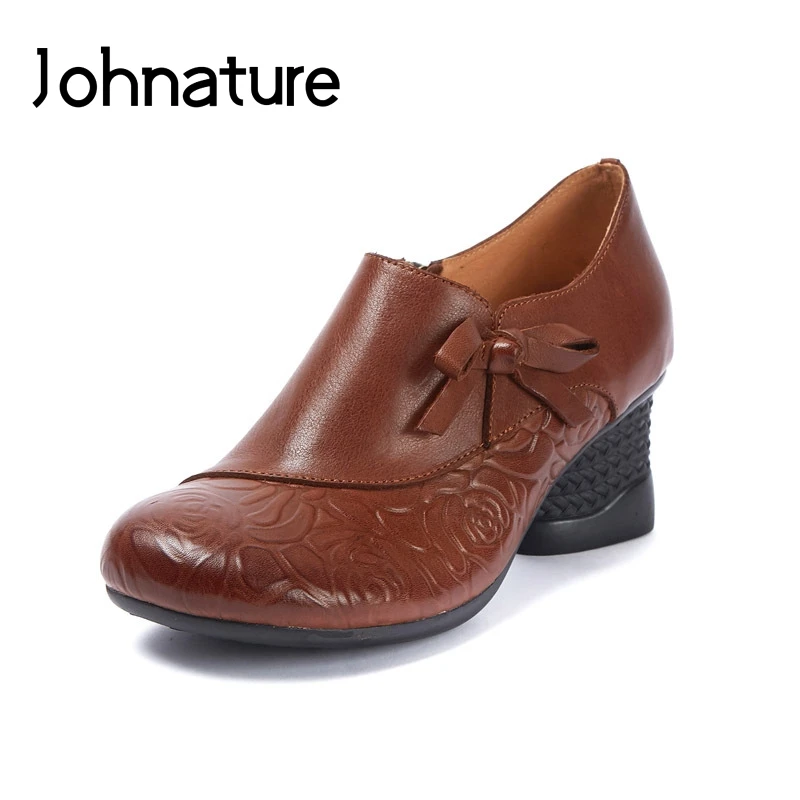 

Johnature New 2019 Spring/Autumn Genuine Leather Butterfly-knot Floral Zipper Casual Round Toe Retro Women Shoes Pumps