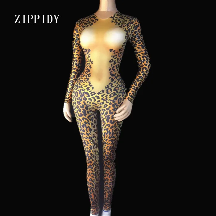 

Rhinestones Leopard Jumpsuit Large Stretch Sexy Bodysuit Women's Stage Costume One-piece Printed Skinny Crystals Rompers