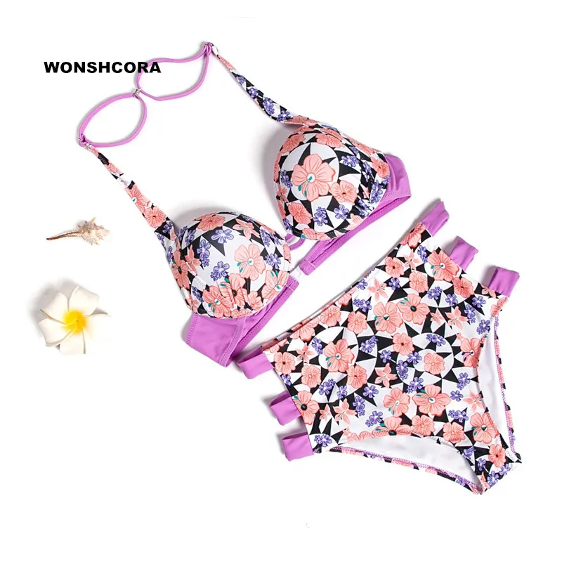 

WONSHCORA 2017 Hot High Waist Bikini Sexy Swimwear Women Flora Bikinis Set Bathing Suit Push Up Tankini Swimsuit for Girls