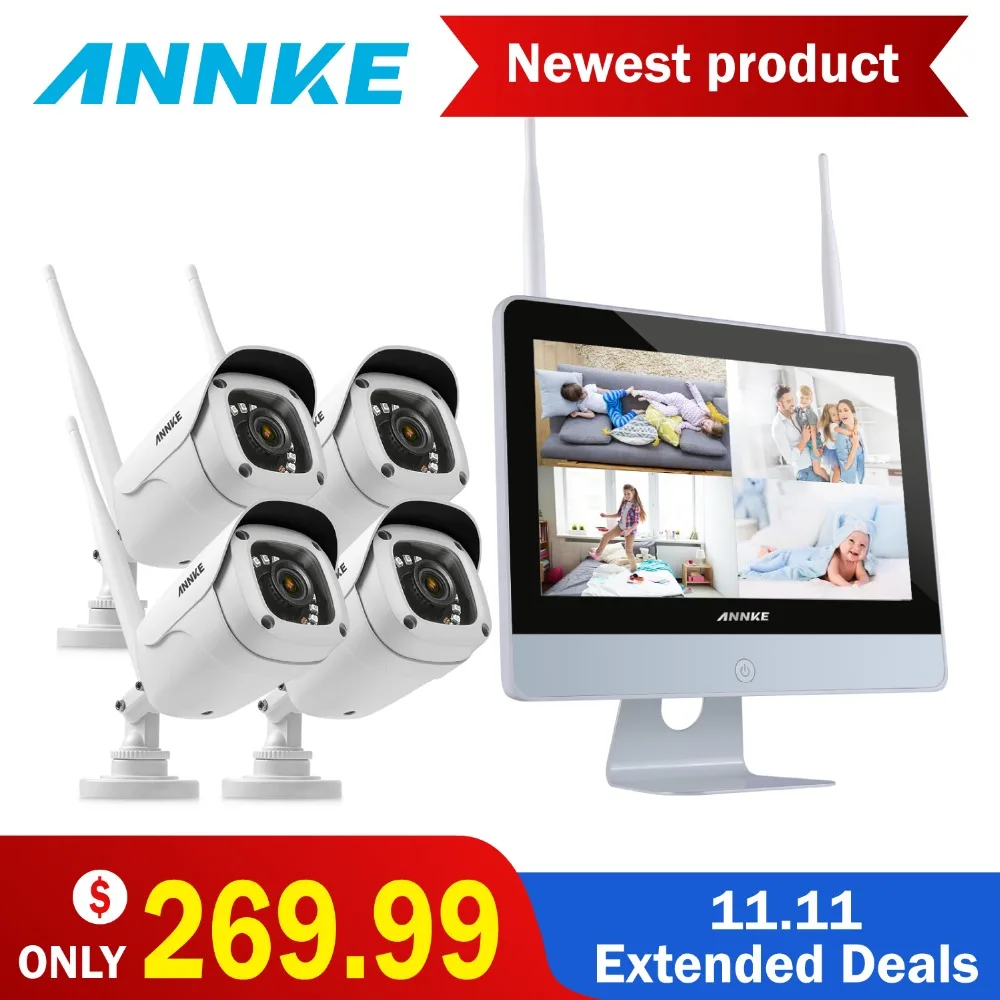 

ANNKE NVR Kit 4 Cameras 1080P 4CH wireless WIFI NVR IP Network CCTV Security Camera System Surveillance Kit IP66 indoor outdoor