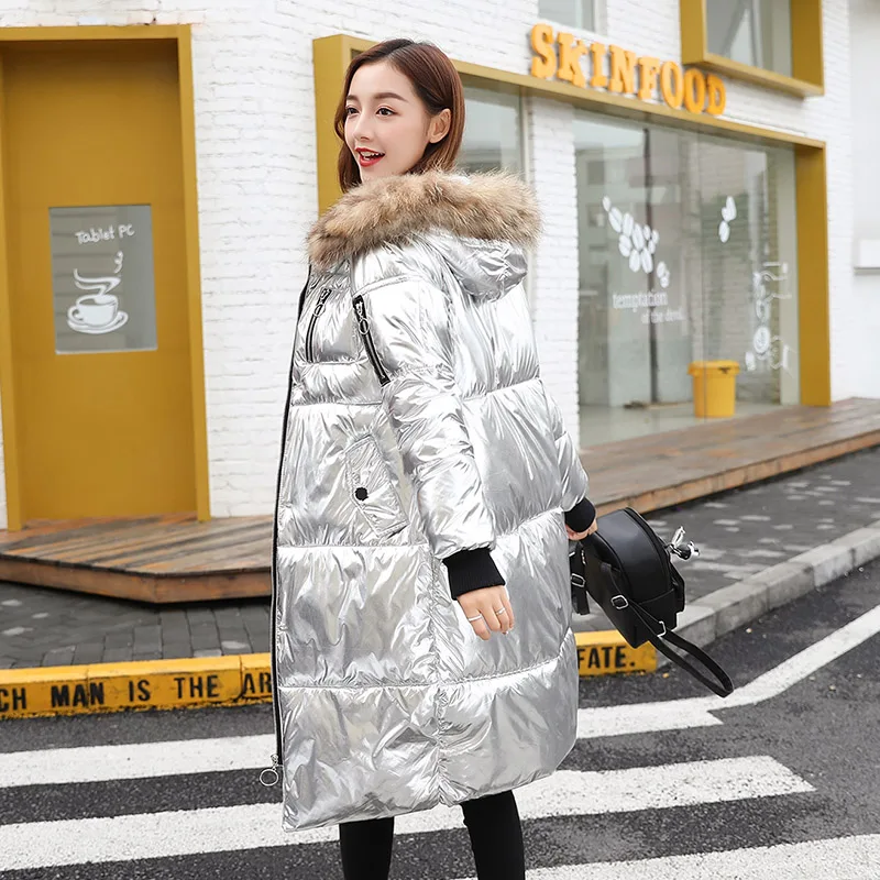 Fashionable metallic gold silver colored bright jacket with hooded coat For women winter warm