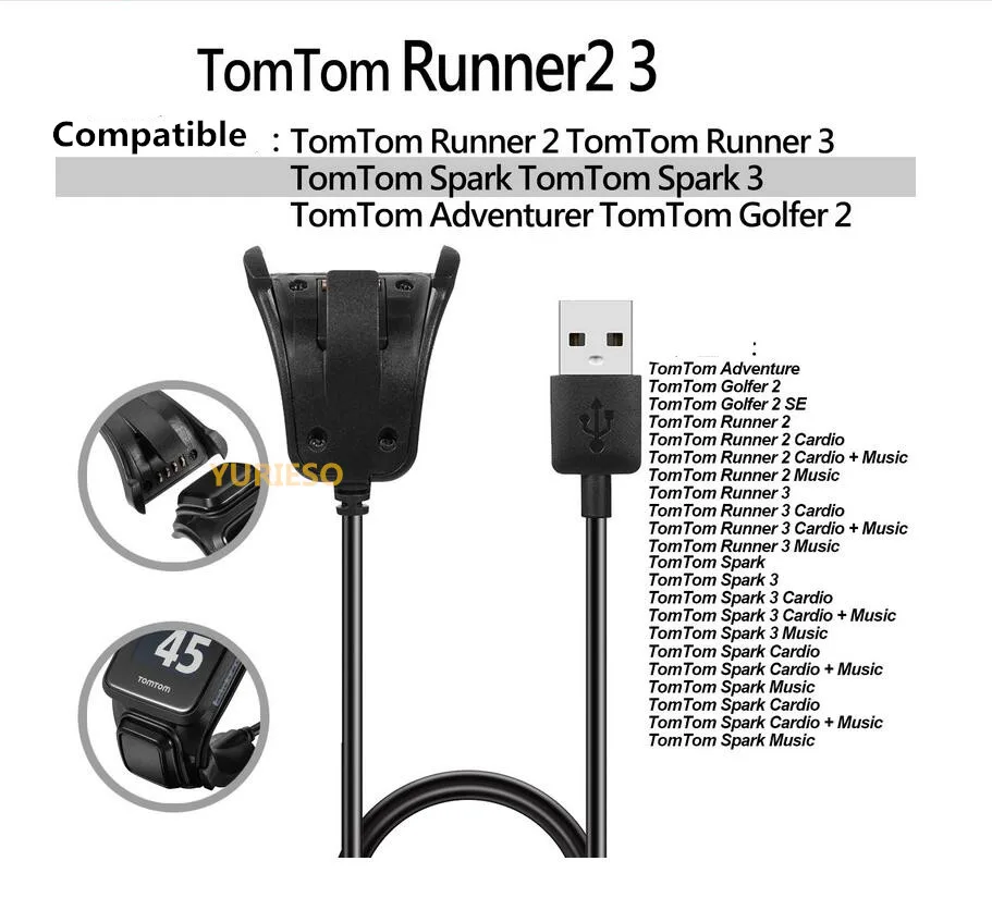 USB Charging Cradle Cable Charger For TomTom Runner 2 3/Adventurer/Golfer 2 for TomTom Spark 3 GPS Watch