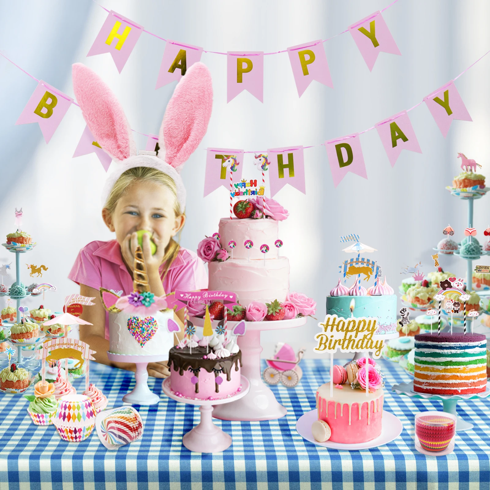 

Unicorn Theme Party Cupcake Decoration Gifts for Kids Happy Birthday Party Baby Shower Supplies Cake Inserts Cards DIY Accessory