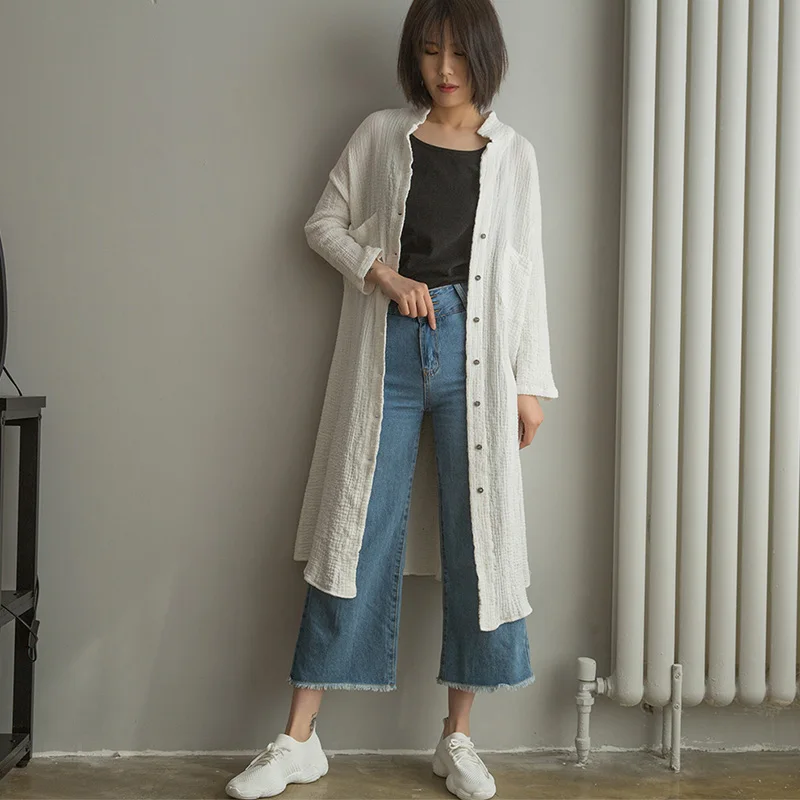 

SCUWLINEN 2019 Spring Summer Women Blouse Dress Solid Casual Long-sleeve Loose Linen Cotton Dress Long Shirt Cardigan P086