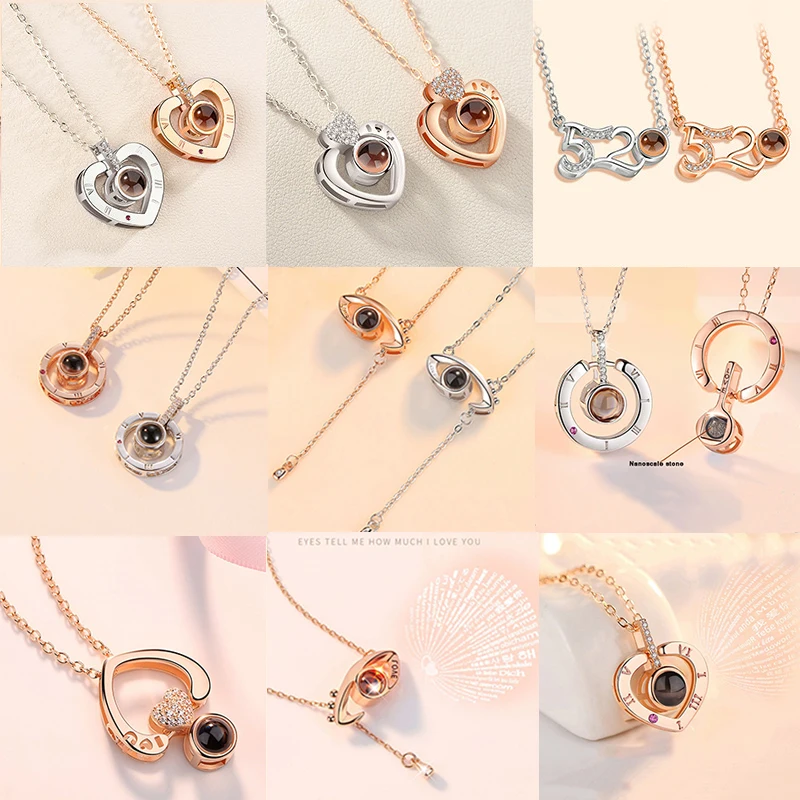 

I Love You In 100 Language Projection Necklace 5 Style Romantic Love Memory Wedding Zircon Choker Necklace Women FashionJewelry