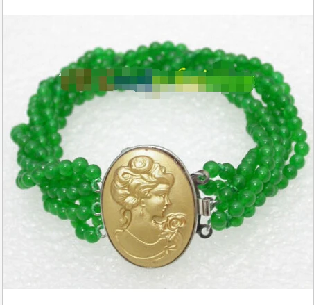 

Free shipping >>>>>>Amazing! 6strands 4mm round green Healthy jade bracelet CAMEO CLASP J8133