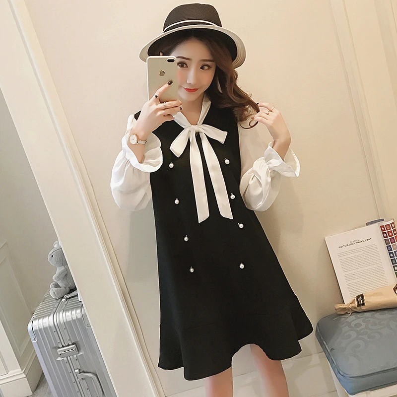 

2019 summer spring fashion maternity dress long sleeve office lady elegant dress bow collar beaded pregnant women formal dress