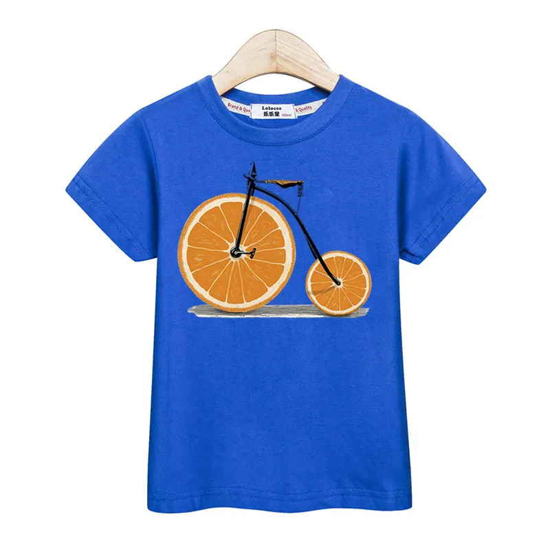 Модные топы для детей; футболка для маленьких мальчиков в стиле ретро с рисунком; футболки с короткими рукавами; Одежда для девочек с изображением фруктов и велосипеда; Детская рубашка с принтом; детская футболка - Цвет: Blue