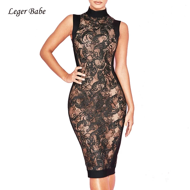Женское платье стрейч Leger Babe Черное Кружевное Платье До Колена с вышивкой лето