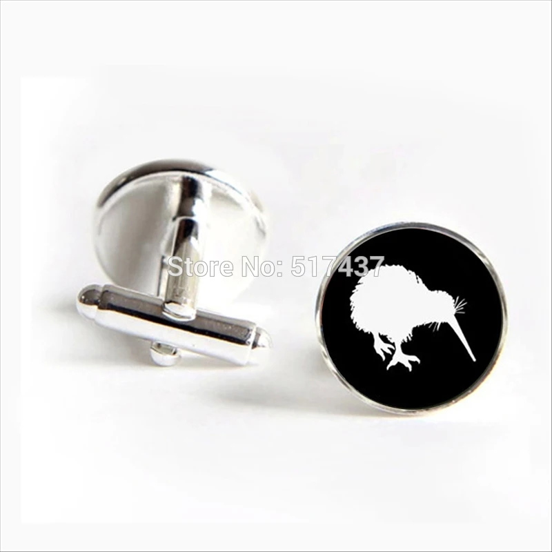 

2017 wholesale Kiwi Birds Cufflinks New Zealand Bird Cuff link Fashion Black Round Cufflinks Glass Cuff