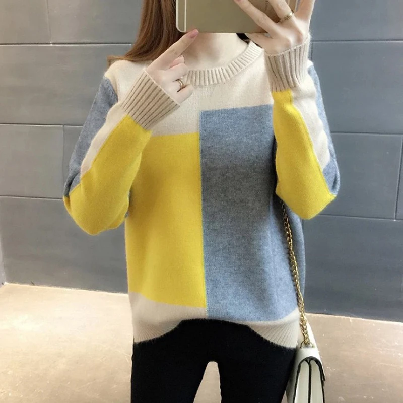 

Women Winter Sweater Color Block Women Sweater and Pullover Contrast Color Long Sleeve Female Knitted Sweater Jumper
