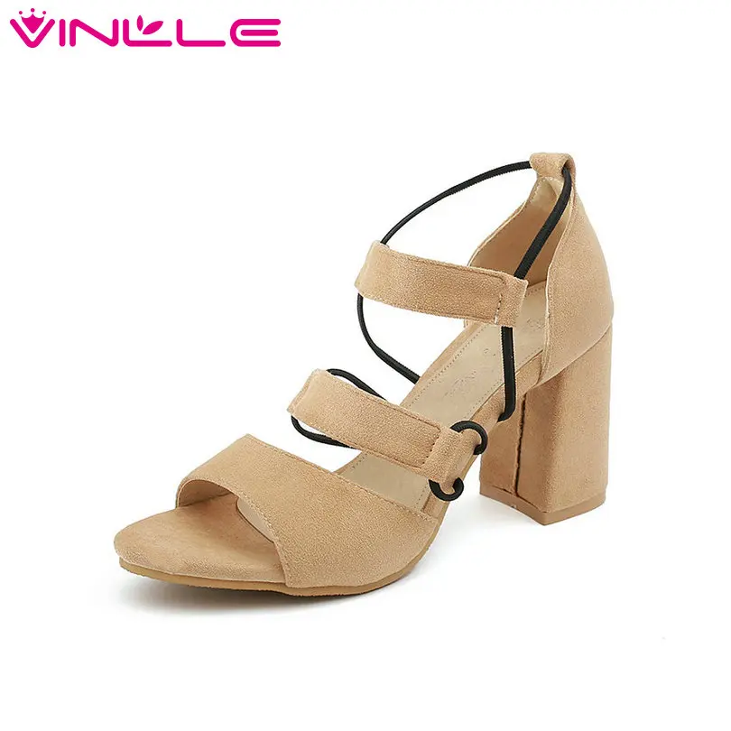 VINLLE 2020 Summer Shoes Women Flock Square High Heel Pointed Toe Elastic band Platform Ladies Wedding Pumps Size 34-43 | Обувь