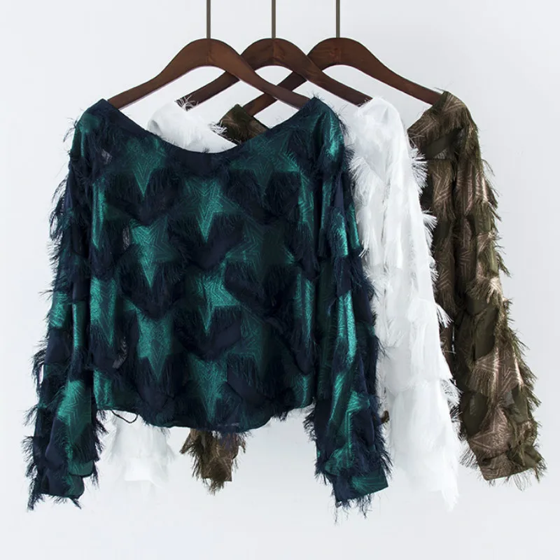 Women Tassels Pullover Chiffon Fringed Shirts Heart Shape Faux feather
