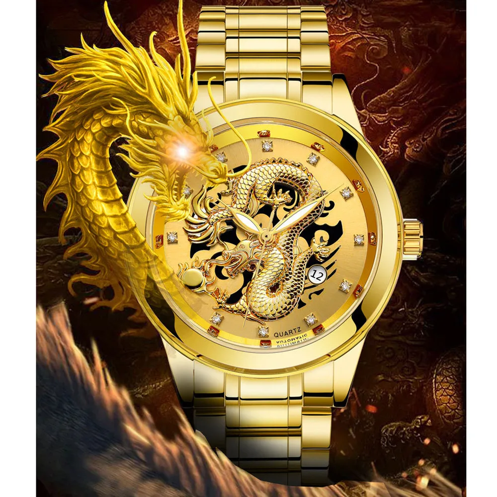 Waterproof Mens Gold Dragon Sculpture Quartz Watch Luxury Men Steel Wristwatch reloj mujer women watches | Наручные часы