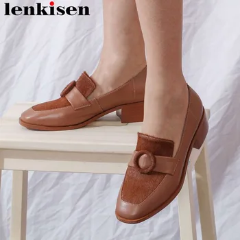 

New fashion retro loafers luxury horsehair genuine leather chunky heels slip on button decoration slip on mixed colors pumps L39