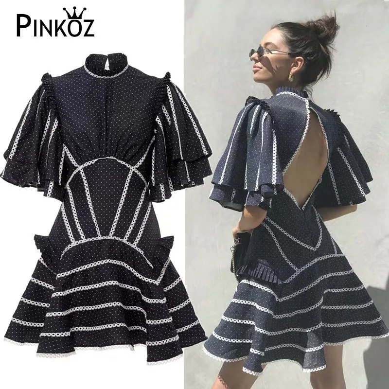 

Pinkoz 2019 Runway Designer Style Polka Dot Ruffles Short Sleeve Mini Dress Sexy Backless Party Dresses Lace Patchwork Vestidos