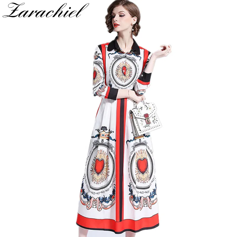 

High Quality Designer Runway Dress Long Sleeve Peter Pan Collar Women Vintage Print Heart Slim Party Dress Long Maxi Dress