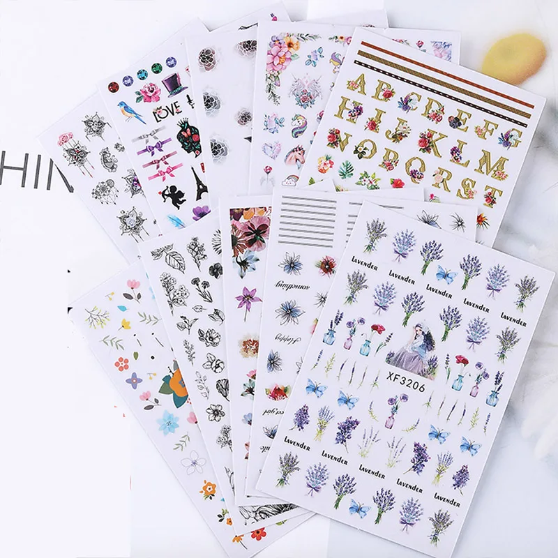 

1pcs Lavender Flower Series 3D Nail Adhesive Decals super thin Unicorn Floral Pattern Decor Nail Accessory New Arrivial 2019