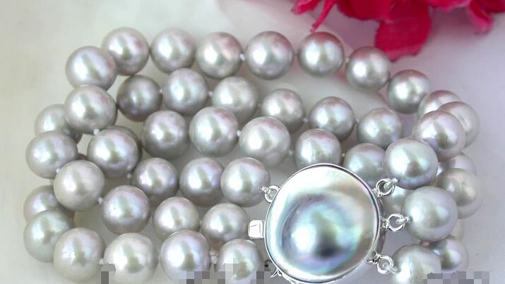 

Free shipping >>>>>>Z2364 GREAT 3strands 8" 11mm round gray freshwater pearl bracelet silve