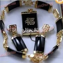 Lucky для женщин стиль натуральный черный драгоценный камень кулон браслет серьги набор кварцевые тонкой покрытием для новобрачных широкие часы крылья королева