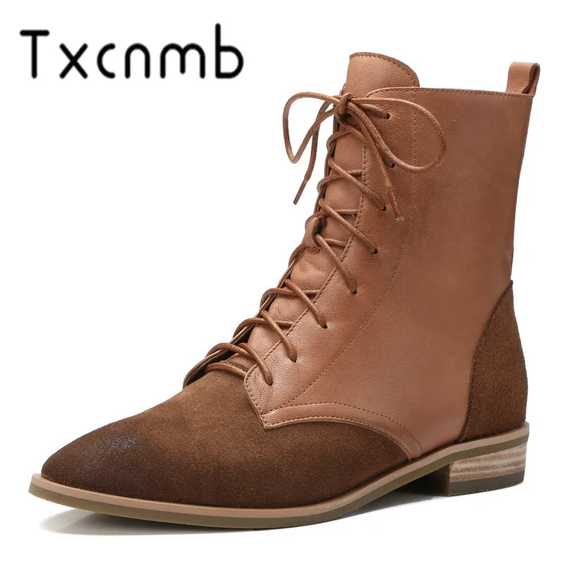 

TXCNMB 2019 Boots Women Ankle Boots for Women Winter Genuine Leather Square Heel Red Brown Shoes Woman