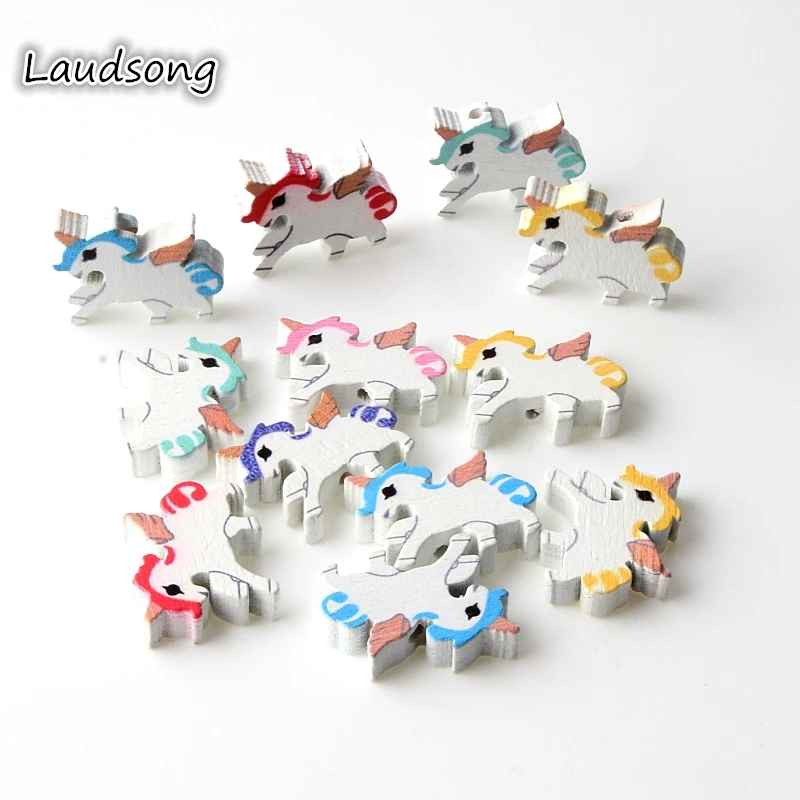 

40pcs 22x17mm Mixed Color Unicorn Pattern Wooden Spacer Beads For Jewelry making DIY Licorne Necklace