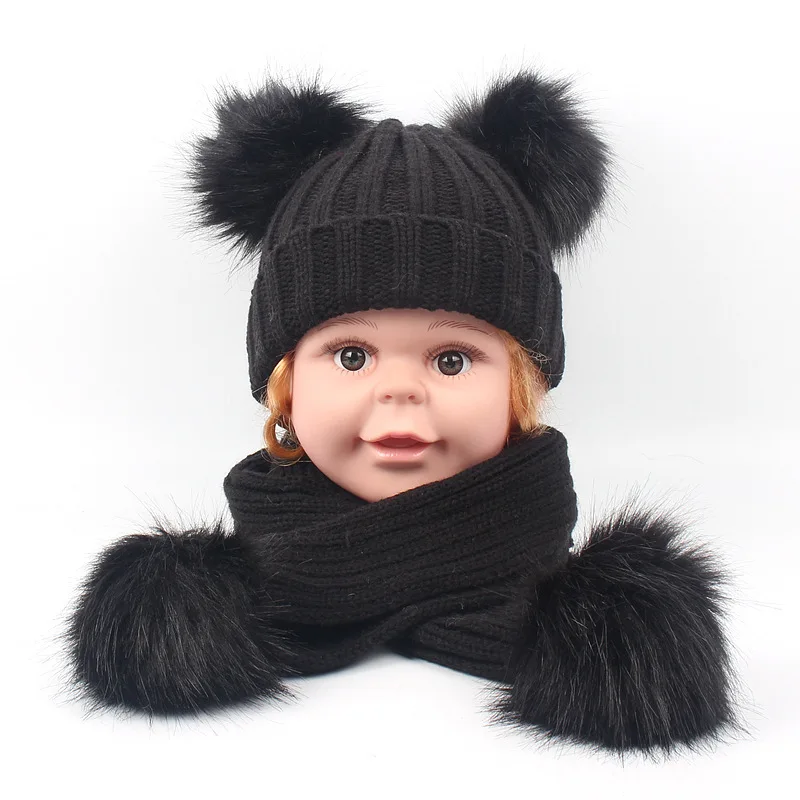

2018 New Fox Hair Ball Winter Hats And Scarf For Kids Real Fur Knitted Beanie Pom poms Cap Hat for Baby Boys Girls 6 month 3 Age