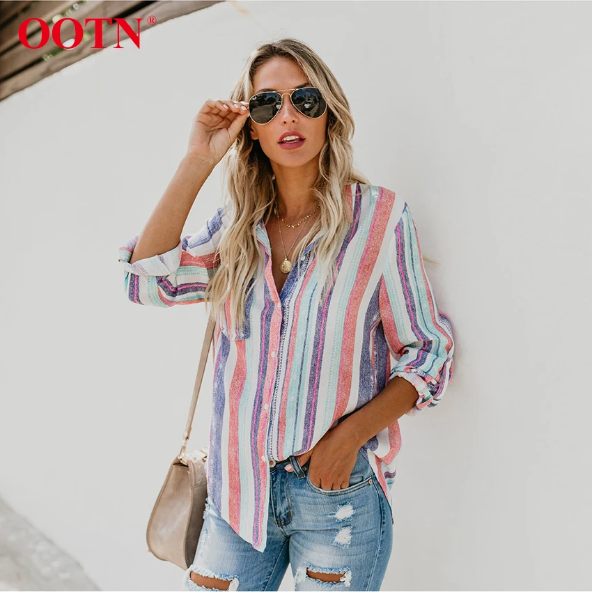 

OOTN Multicolor Striped Tunic Blouses Tops Women Turn Down Collar Loose Long Sleeve Shirt Female 2019 Fashion Casual Pockets