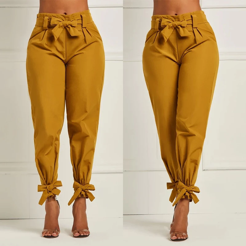 Elegant Women's Pants Silk-wadding Khaki Solid Casual Loose Pencil Work Slim High Waist Bow Fashion Hot New Pants With Belt