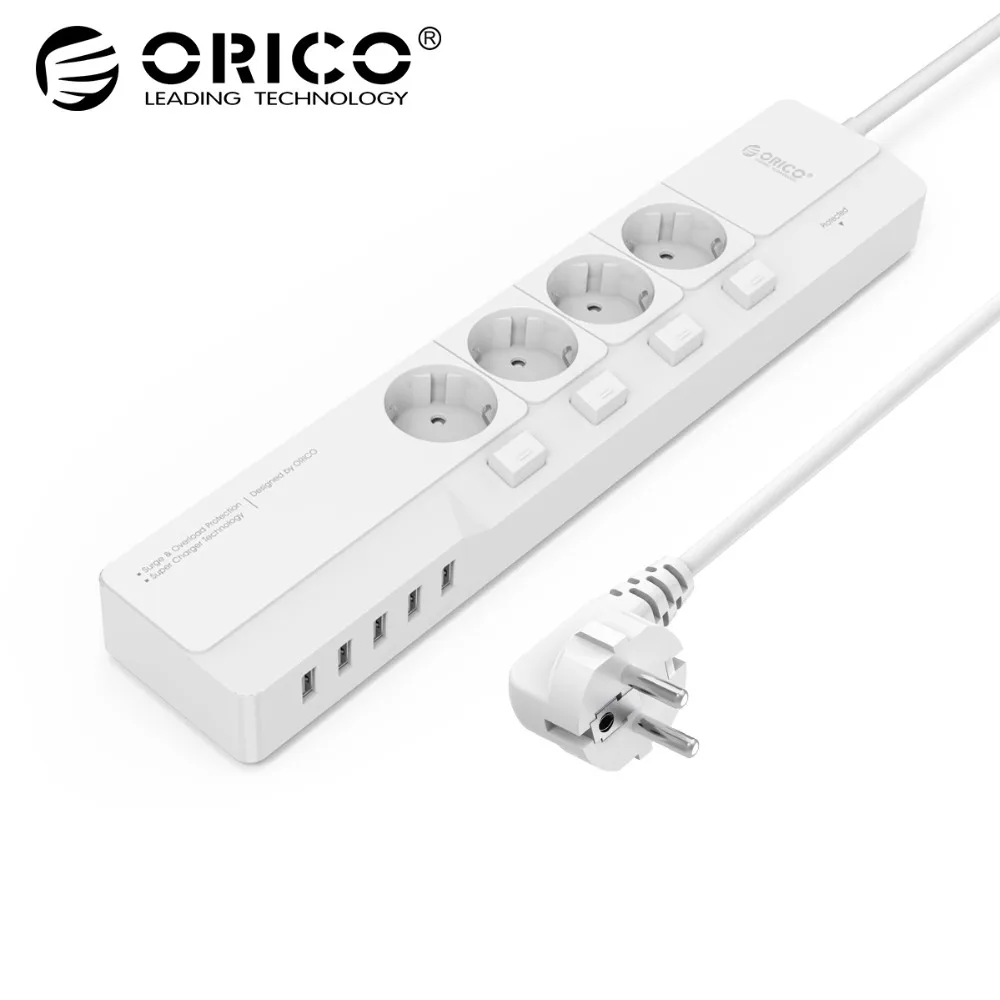 

ORICO Surge Protector Power Strips With 5 USB Charger 4 AC EU Plug Multi-Outlet Travel Power Strips OSJ-4A5U