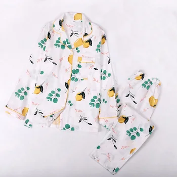 

Spring And Autumn New Cartoon Mango Printed Ladies 100% Gauze Cotton 2 Pieces Pajamas Set Long Sleeve Cotton Household Clothes
