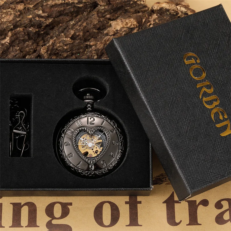 Полностью черные механические карманные часы в форме сердца любовь ручной Ветер Ретро полые подвеска «скелет» стимпанк мужские часы с цепочкой