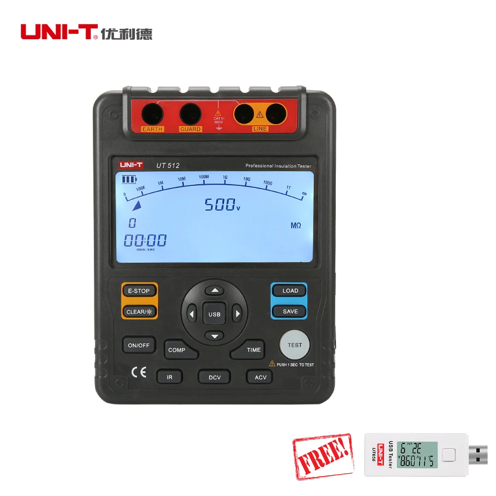 

UNI-T UT512 Digital Insulation Resistance Testers Voltmeter megger Auto Range 2500V 100Gohm Data Storage/Analog Bar Graph/USB