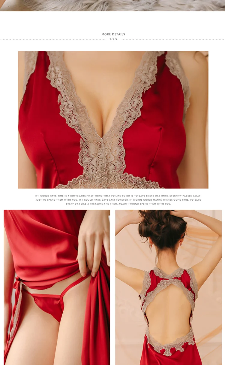 sexy mousse night gown and G-string sets backless stain lace sexy women sleep wear halter red wedding wear deep V strap