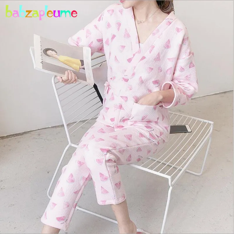 

Autumn Winter Maternity Clothes Set Nursing Pyjama V-Neck Cotton Warm Coat+Pants Pregnant Women Breastfeeding Nightgown BC1115-1