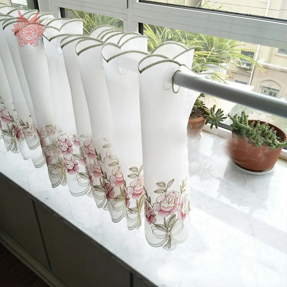 

Pastoral style pink floral embroidery half-curtain bay window lace curtain tulle for coffee kitchen room cortinas rideaux SP5637