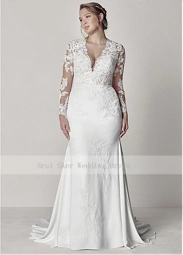 Modest-V-Neck-Lace-Wedding-Dresses-Long-Sleeve-Illusion-Appliques-Mermaid-Plus-Size-Bridal-Gowns-2019 (1)