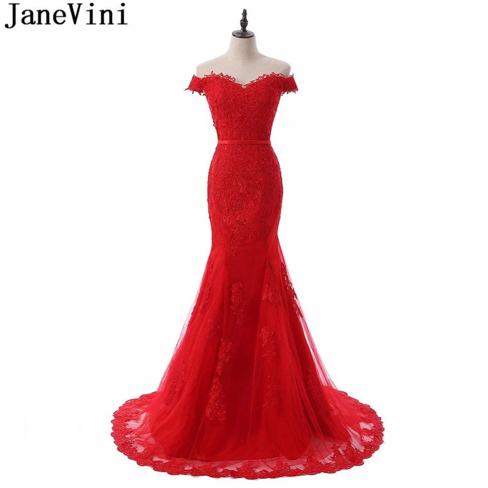 

JaneVini Graceful Red Tulle Long Bridesmaid Dresses Lace Appliques Sweetheart Button Back Mermaid Sweep Train Prom Party Gowns