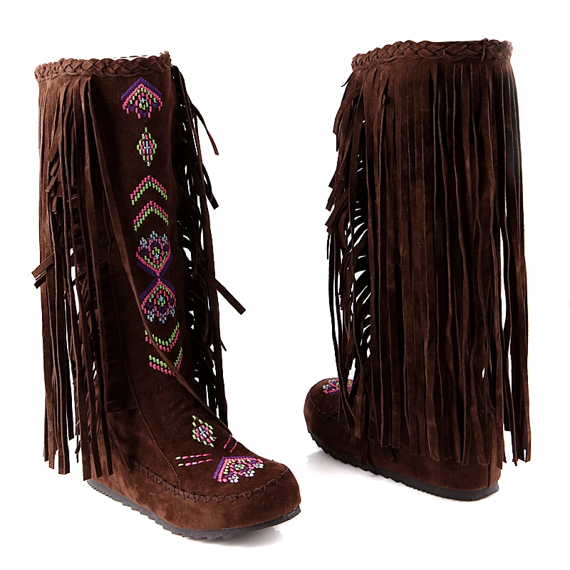 Fringe Increased Inside Solid Ethnic Boots For Women Fringe Increased Inside Solid Ethnic Boots For Women